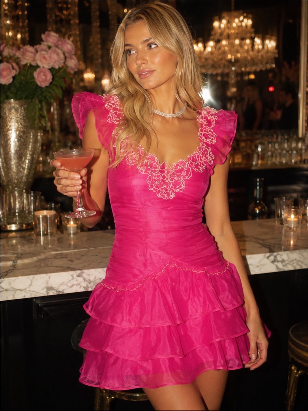 LoveShackFancy Chaya Dress Hot Pink Silk Organza Ruffle Mini Dress 39220